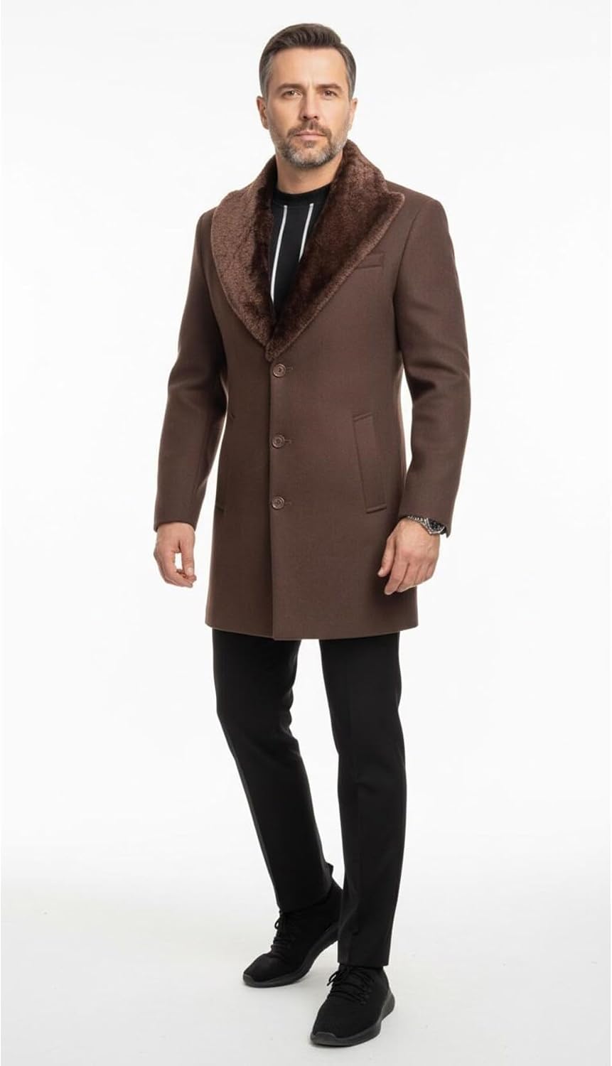 Plus Scorpion Erkek Uzun Kaşe Kaban Palto Mont Çıkartılabilir Kürk Yaka Astarlı Cepli Slim Fit, PRA-13283702-768191