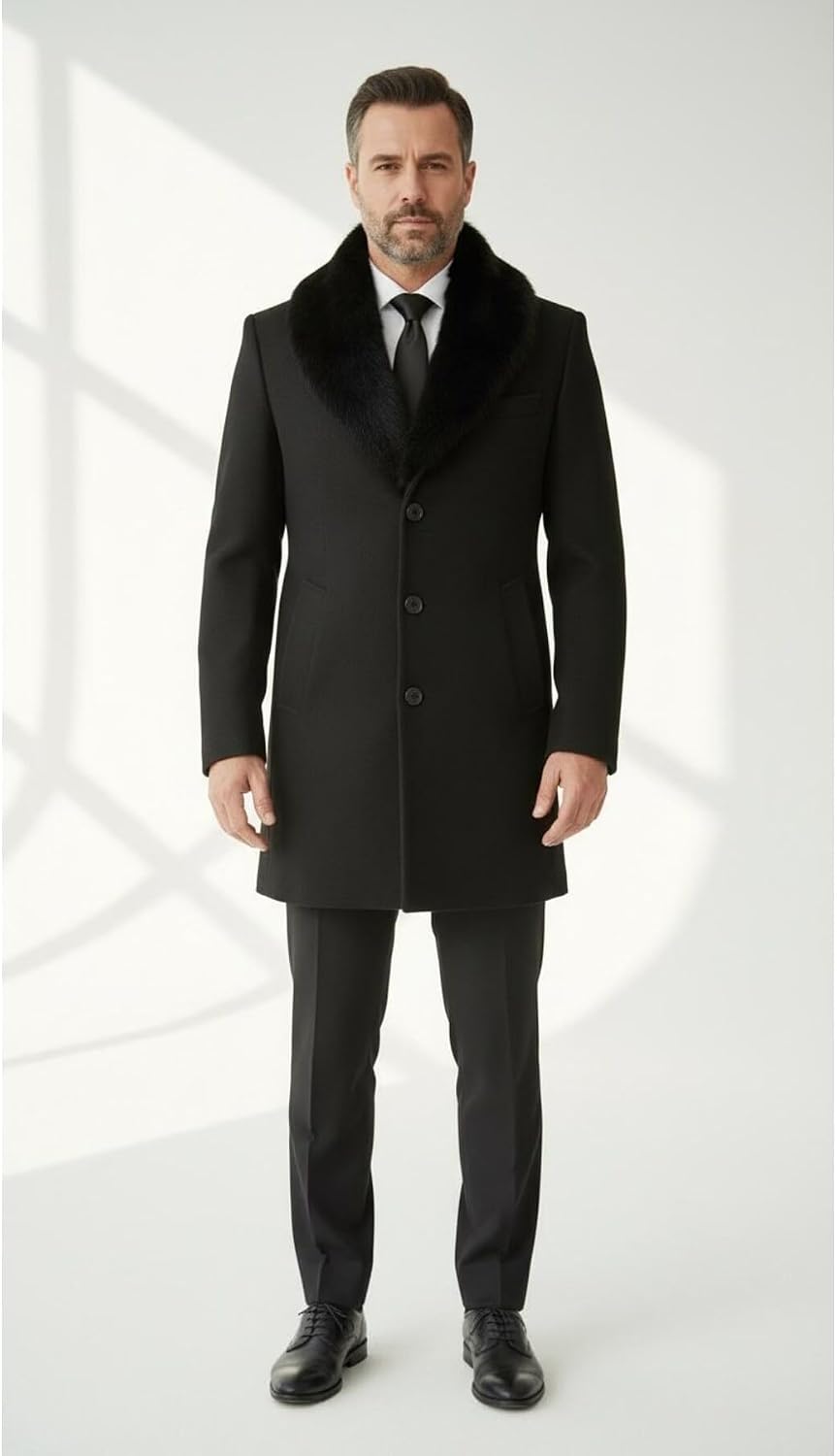 Plus Scorpion Erkek Uzun Kaşe Kaban Palto Mont Çıkartılabilir Kürk Yaka Astarlı Cepli Slim Fit, PRA-13283702-768191