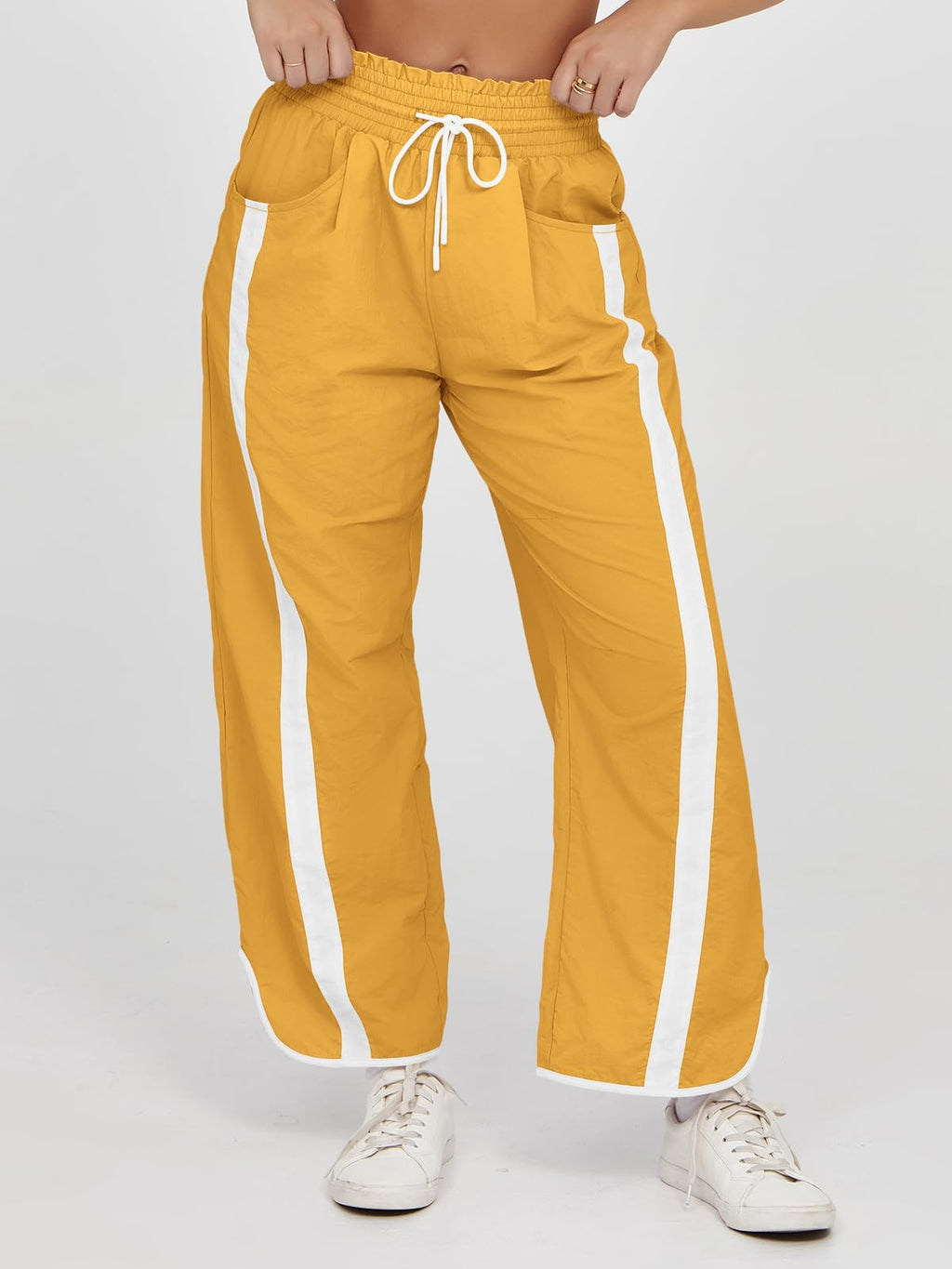Fisoew Women's Baggy Wide Leg Pants Casual Drawstring Elastic Waisted Contrast Color Workout Y2K Track Pants