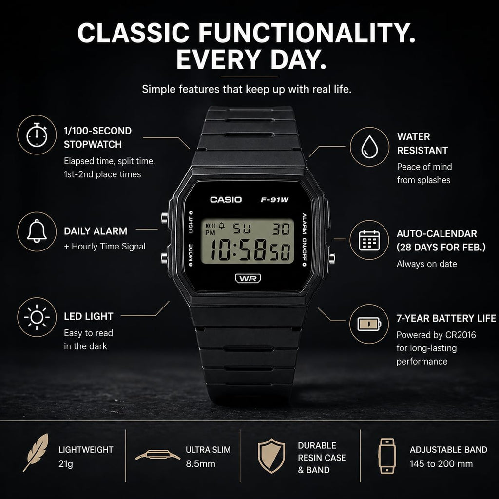 Casio F91W Series | Digital Watch | Water Resistant | LED Light | 1/100 SEC Stopwatch | Regular Time Keeping (HR, Min, SEC, PM, Date, Day) | Daily Alarm | Lightweight | 7 Year Battery