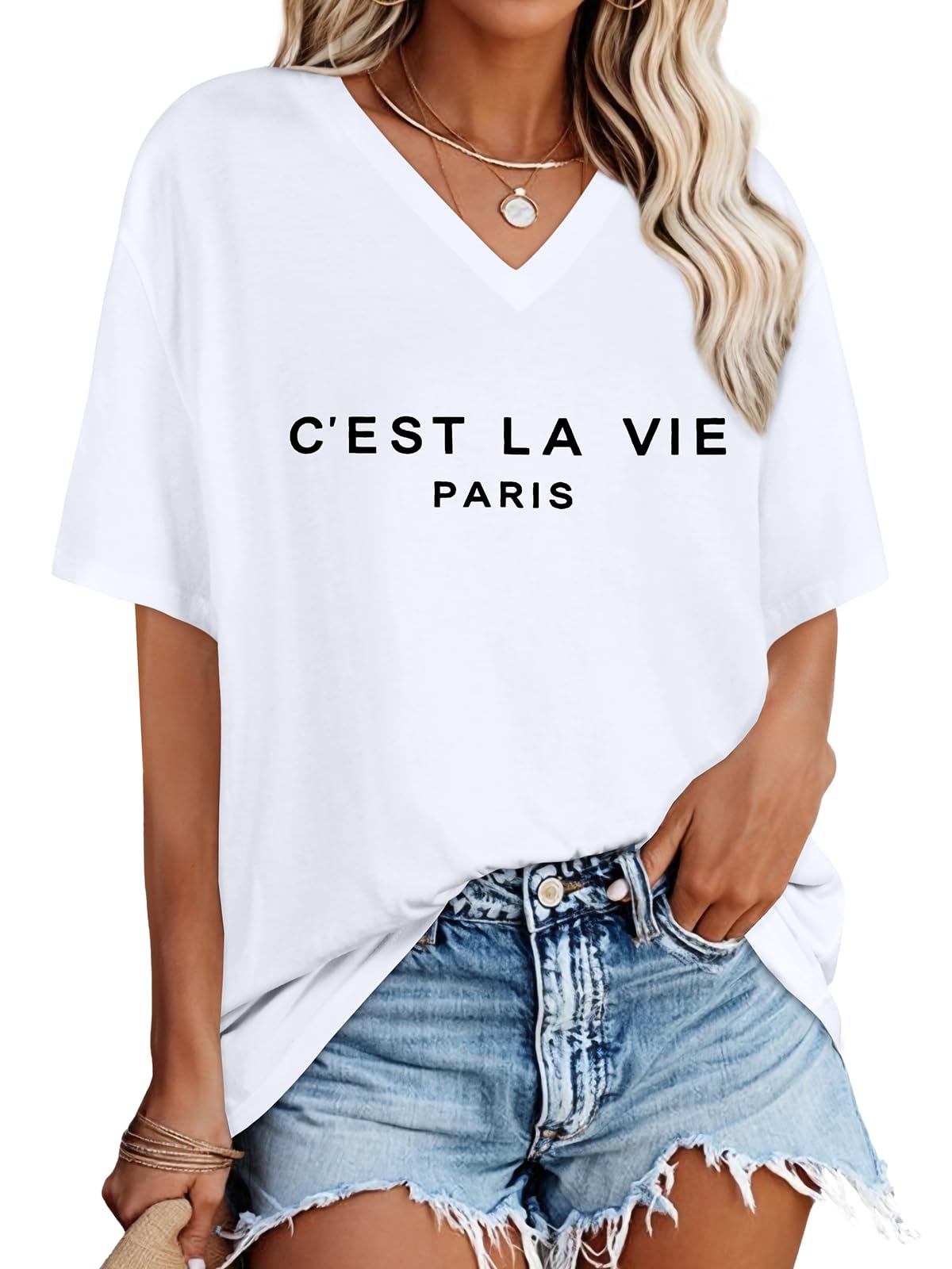 Oversized Tshirts for Women Graphic V Neck Short Sleeve Summer Casual Tops