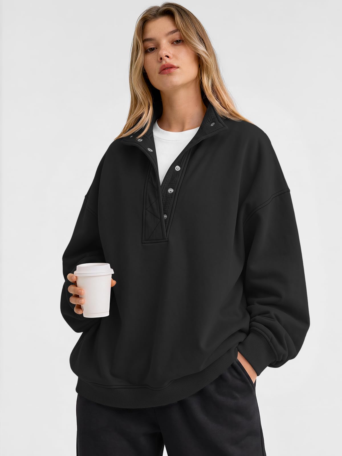 Trendy Queen Womens Oversized Sweatshirts with Snap Button Henley Collar