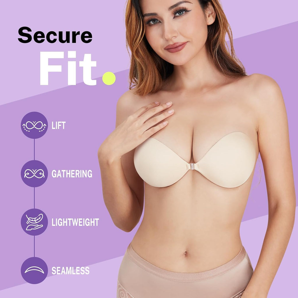 Invisible Strapless Sticky Bra Push up for Women, Ultra Adhesive Bra for Backless Dress, Cleavage Bra Lift Novelty Bras (B Cup, Light Beige)