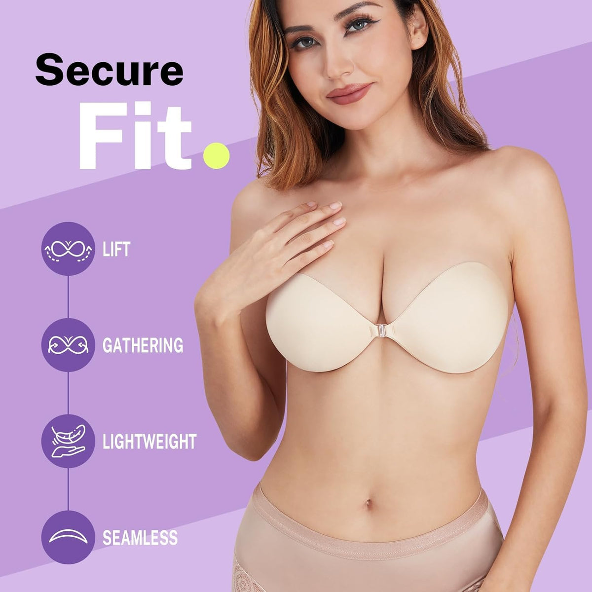 Invisible Strapless Sticky Bra Push up for Women, Ultra Adhesive Bra for Backless Dress, Cleavage Bra Lift Novelty Bras (B Cup, Light Beige)