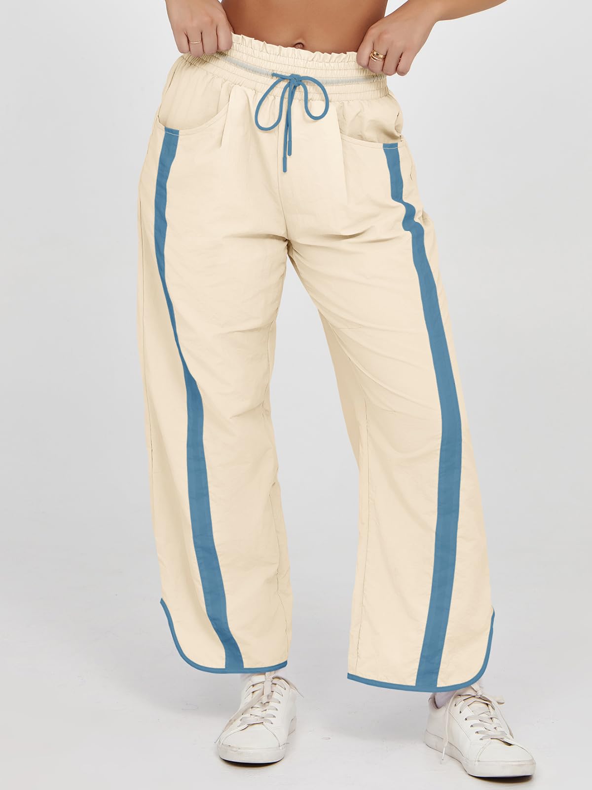 Fisoew Women's Baggy Wide Leg Pants Casual Drawstring Elastic Waisted Contrast Color Workout Y2K Track Pants