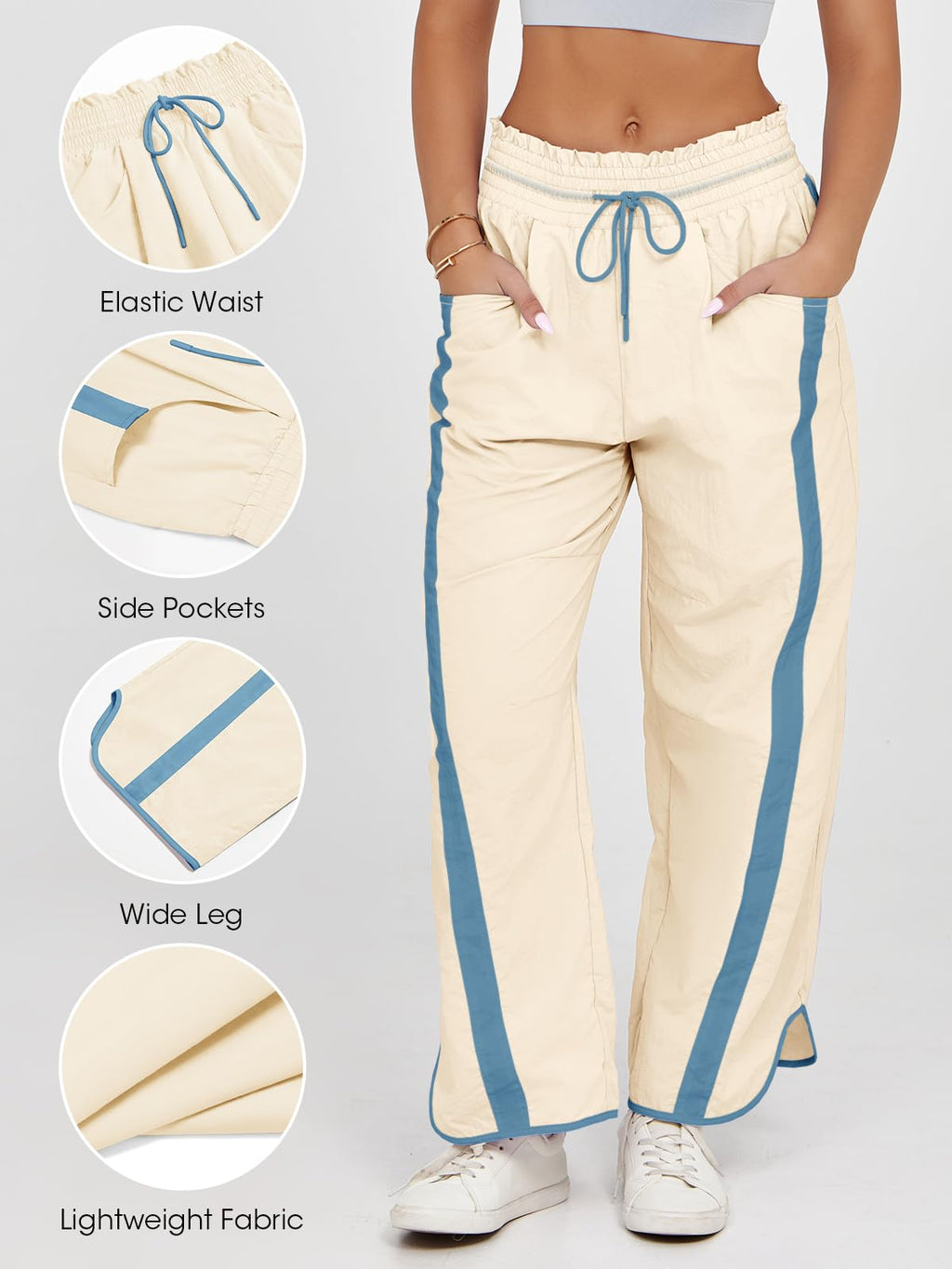 Fisoew Women's Baggy Wide Leg Pants Casual Drawstring Elastic Waisted Contrast Color Workout Y2K Track Pants