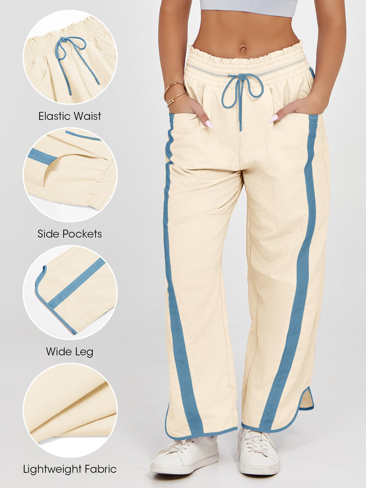 Fisoew Women's Baggy Wide Leg Pants Casual Drawstring Elastic Waisted Contrast Color Workout Y2K Track Pants