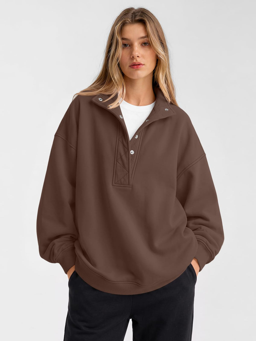 Trendy Queen Womens Oversized Sweatshirts with Snap Button Henley Collar