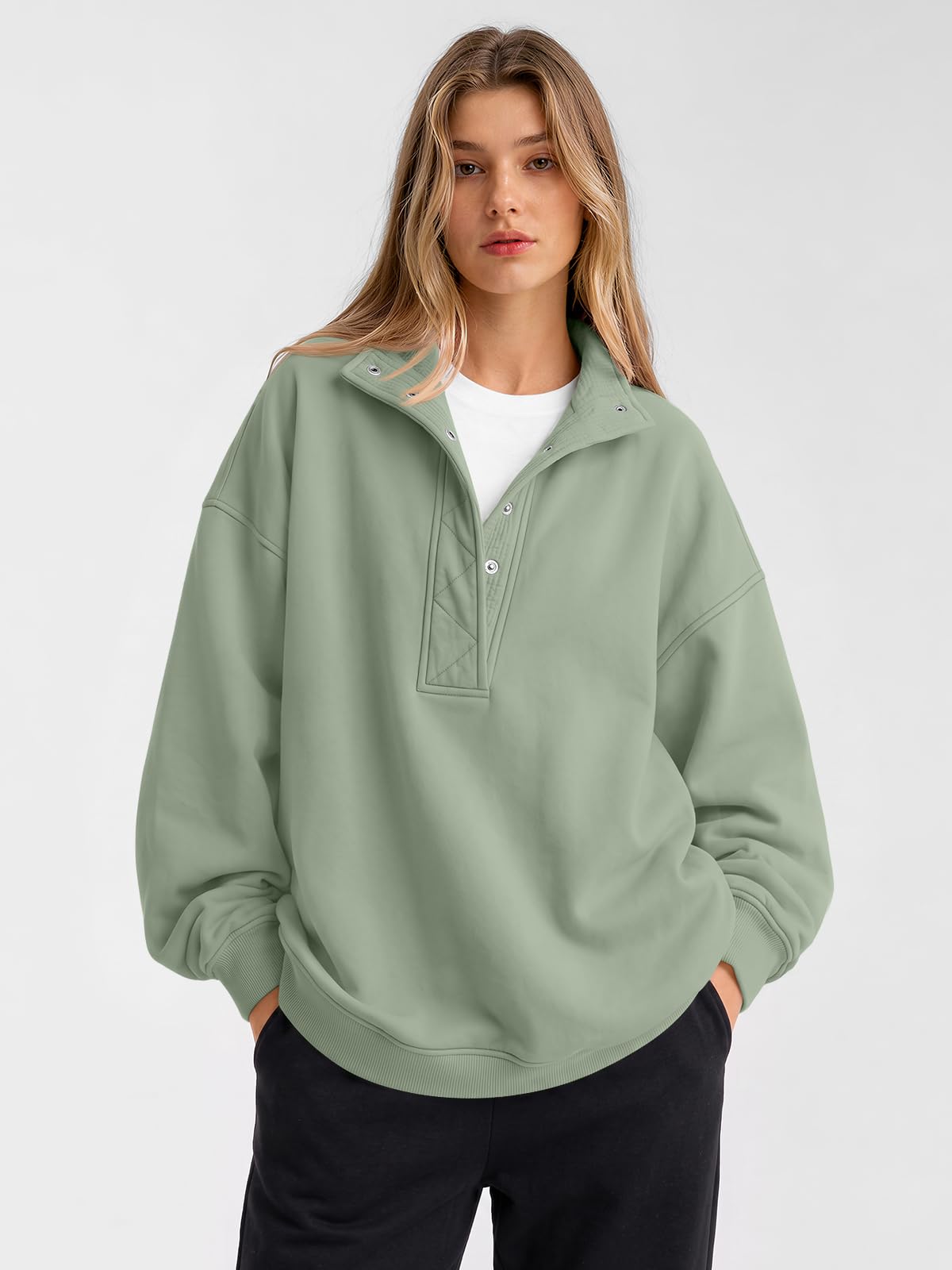 Trendy Queen Womens Oversized Sweatshirts with Snap Button Henley Collar