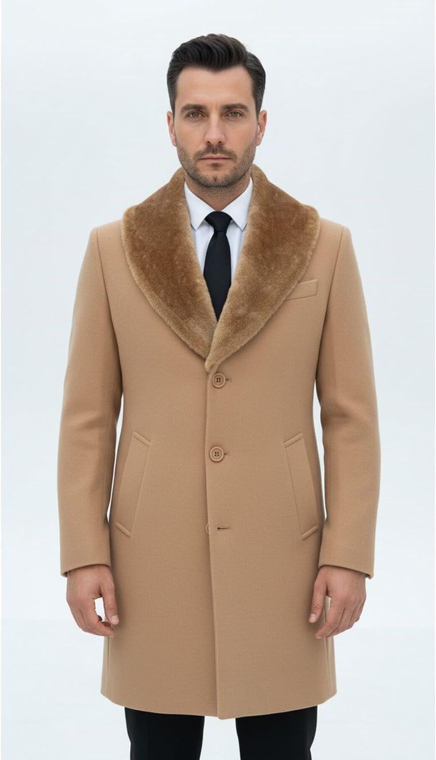 Plus Scorpion Erkek Uzun Kaşe Kaban Palto Mont Çıkartılabilir Kürk Yaka Astarlı Cepli Slim Fit, PRA-13283702-768191