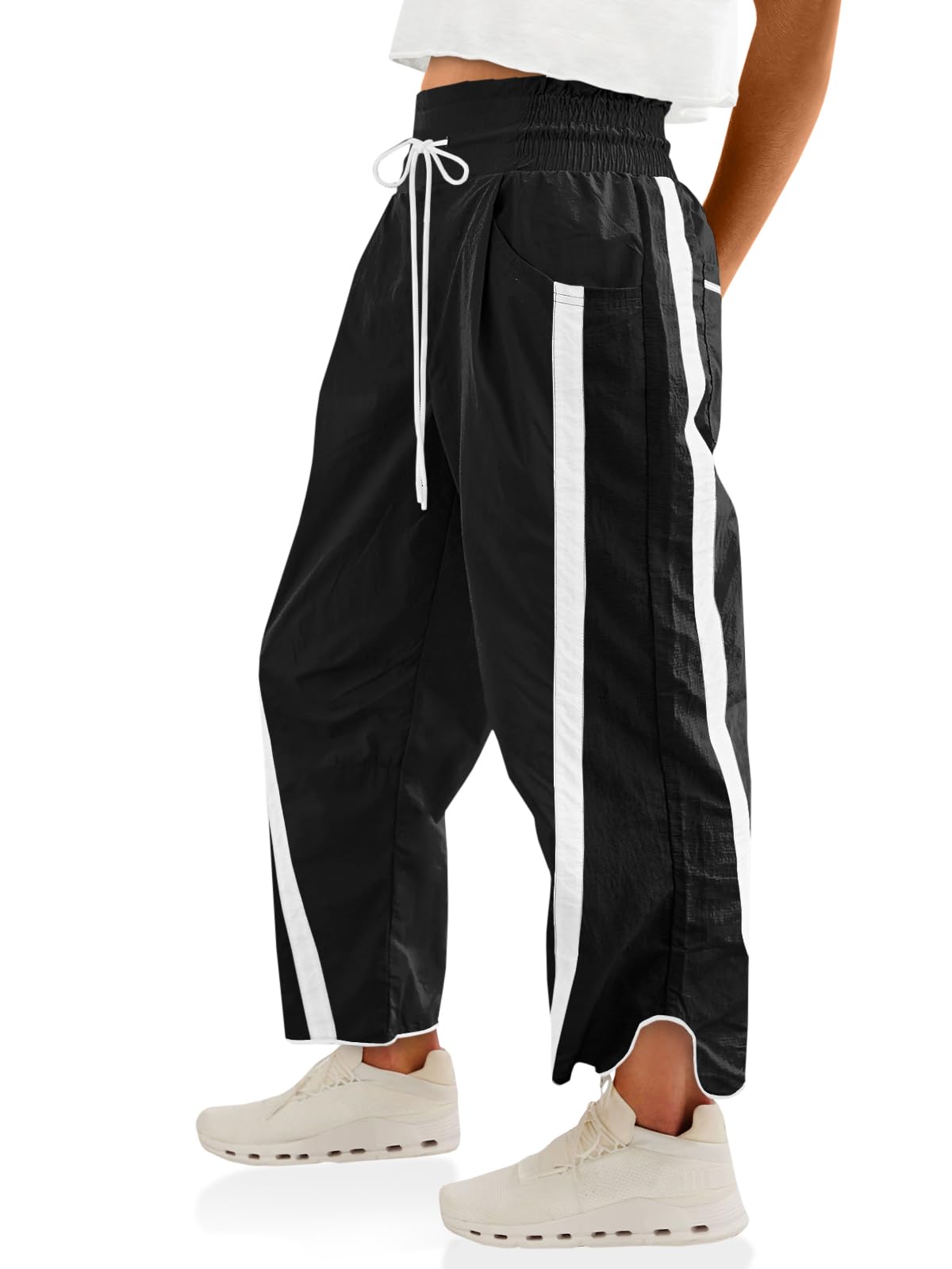 Fisoew Women's Baggy Wide Leg Pants Casual Drawstring Elastic Waisted Contrast Color Workout Y2K Track Pants