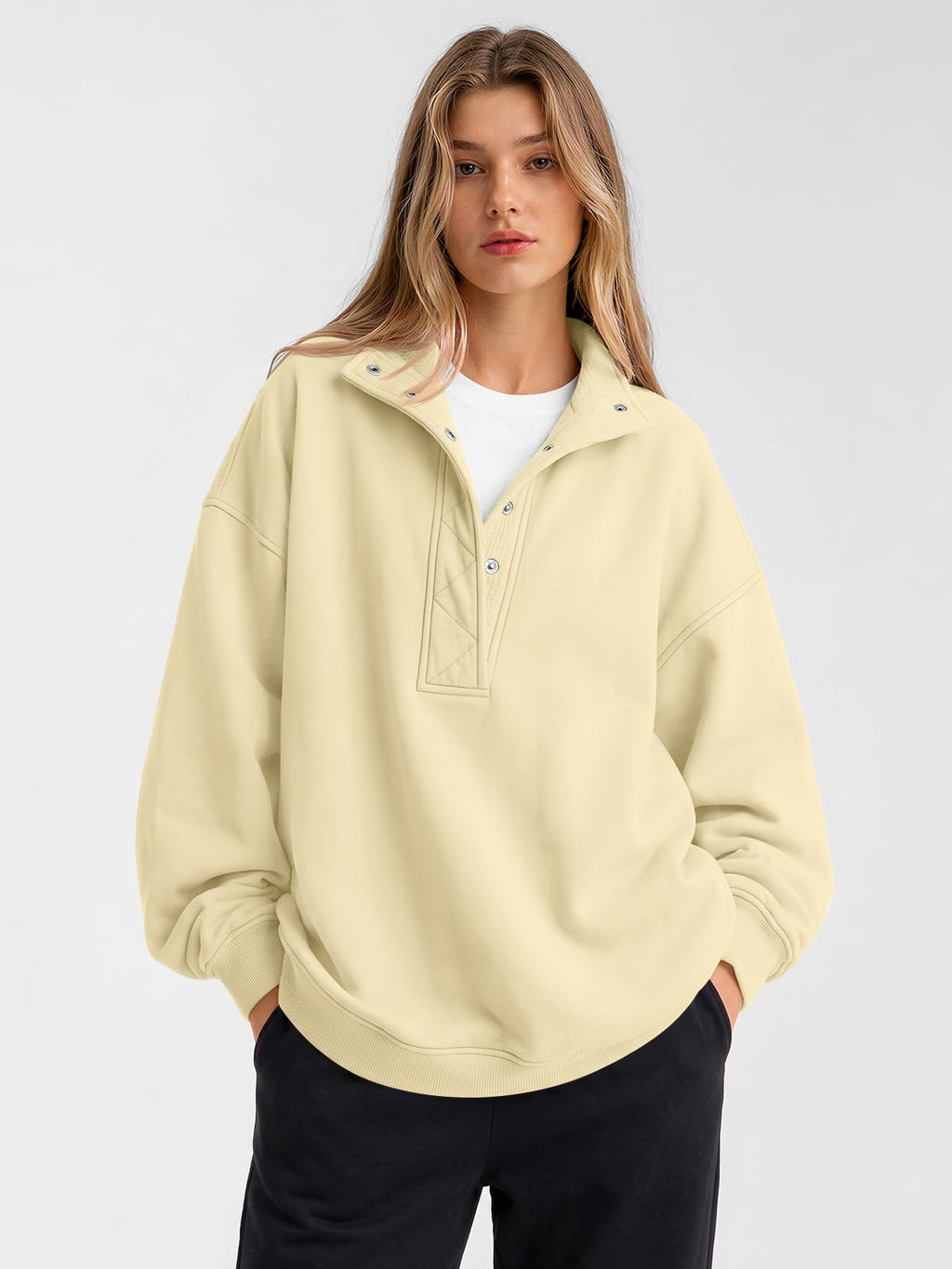 Trendy Queen Womens Oversized Sweatshirts with Snap Button Henley Collar