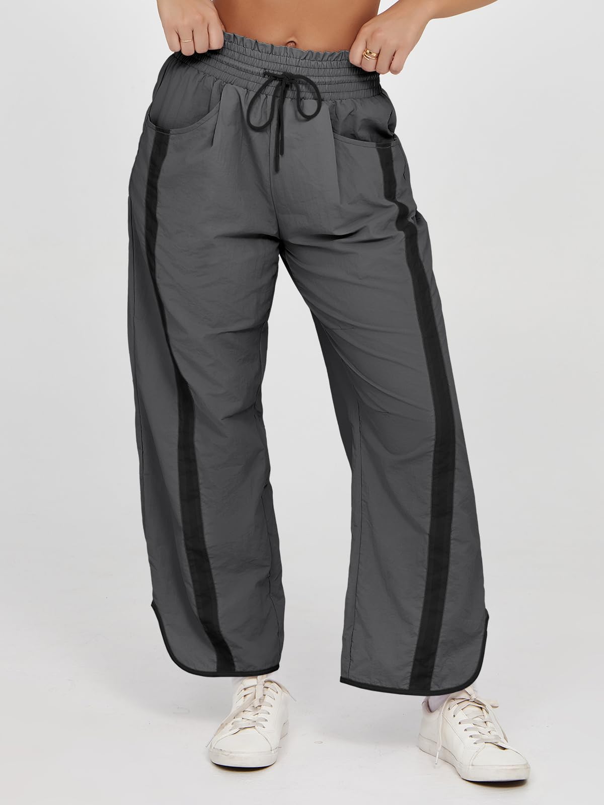 Fisoew Women's Baggy Wide Leg Pants Casual Drawstring Elastic Waisted Contrast Color Workout Y2K Track Pants