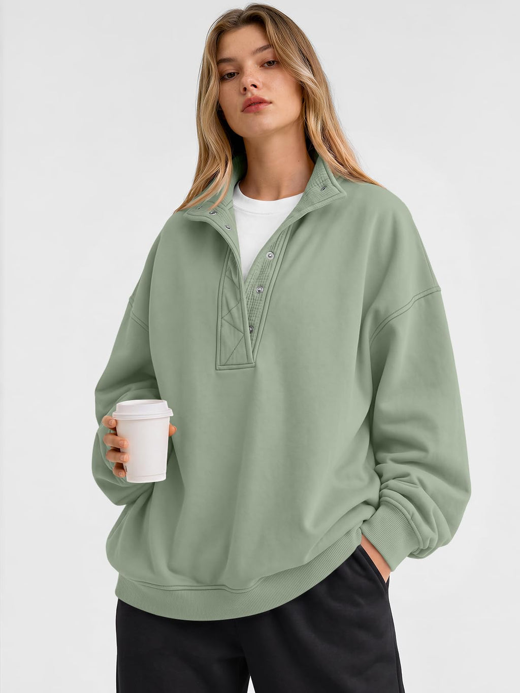 Trendy Queen Womens Oversized Sweatshirts with Snap Button Henley Collar