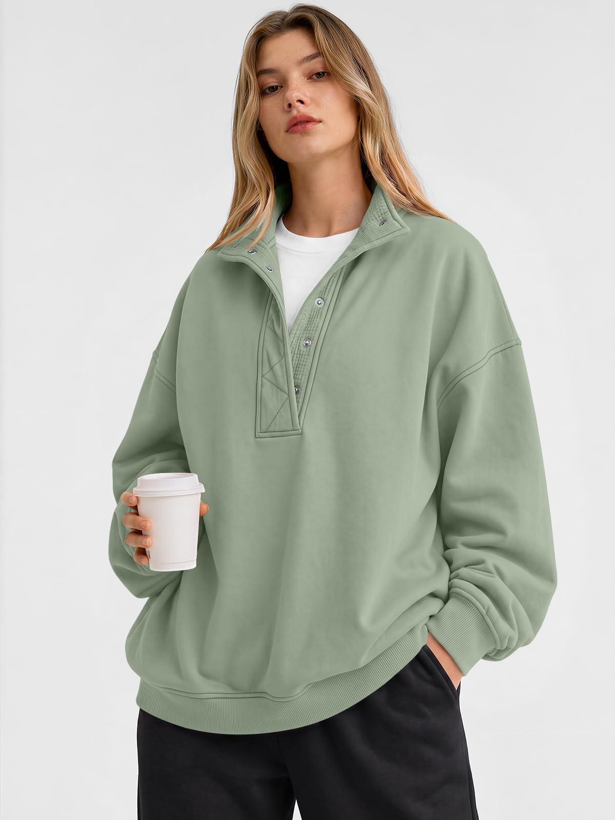 Trendy Queen Womens Oversized Sweatshirts with Snap Button Henley Collar