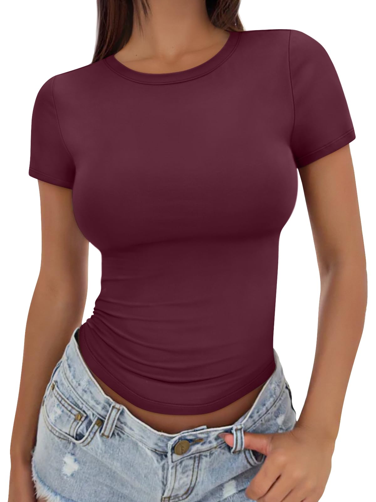 Trendy Queen Womens Fitted Short Sleeve Shirt Buttery Soft Top Stretchy Tee