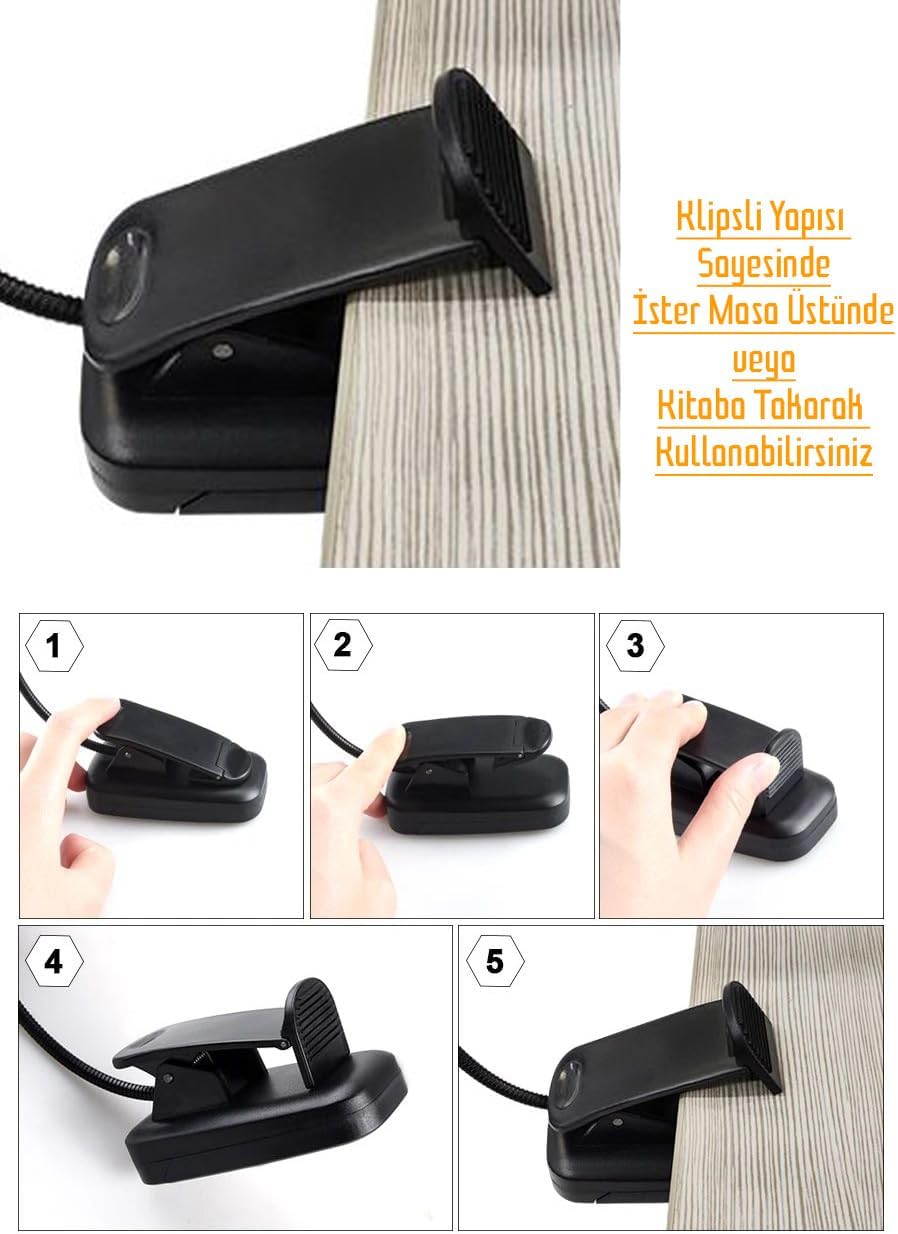 Kitap Okuma Işığı Ledli Klipsli Mini Kitap Okuma Lambası Mandallı Pille Çalışan Işık Masa Lambası Kitap Okuma Işığı