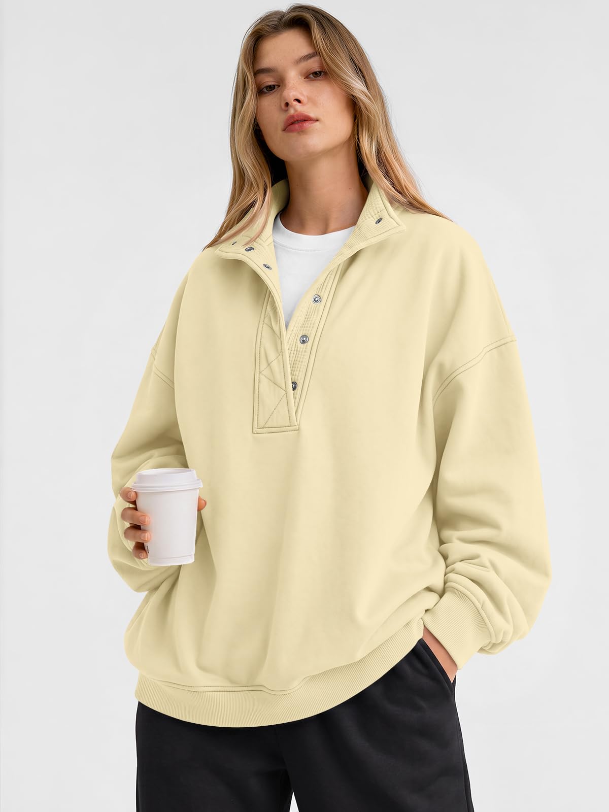 Trendy Queen Womens Oversized Sweatshirts with Snap Button Henley Collar