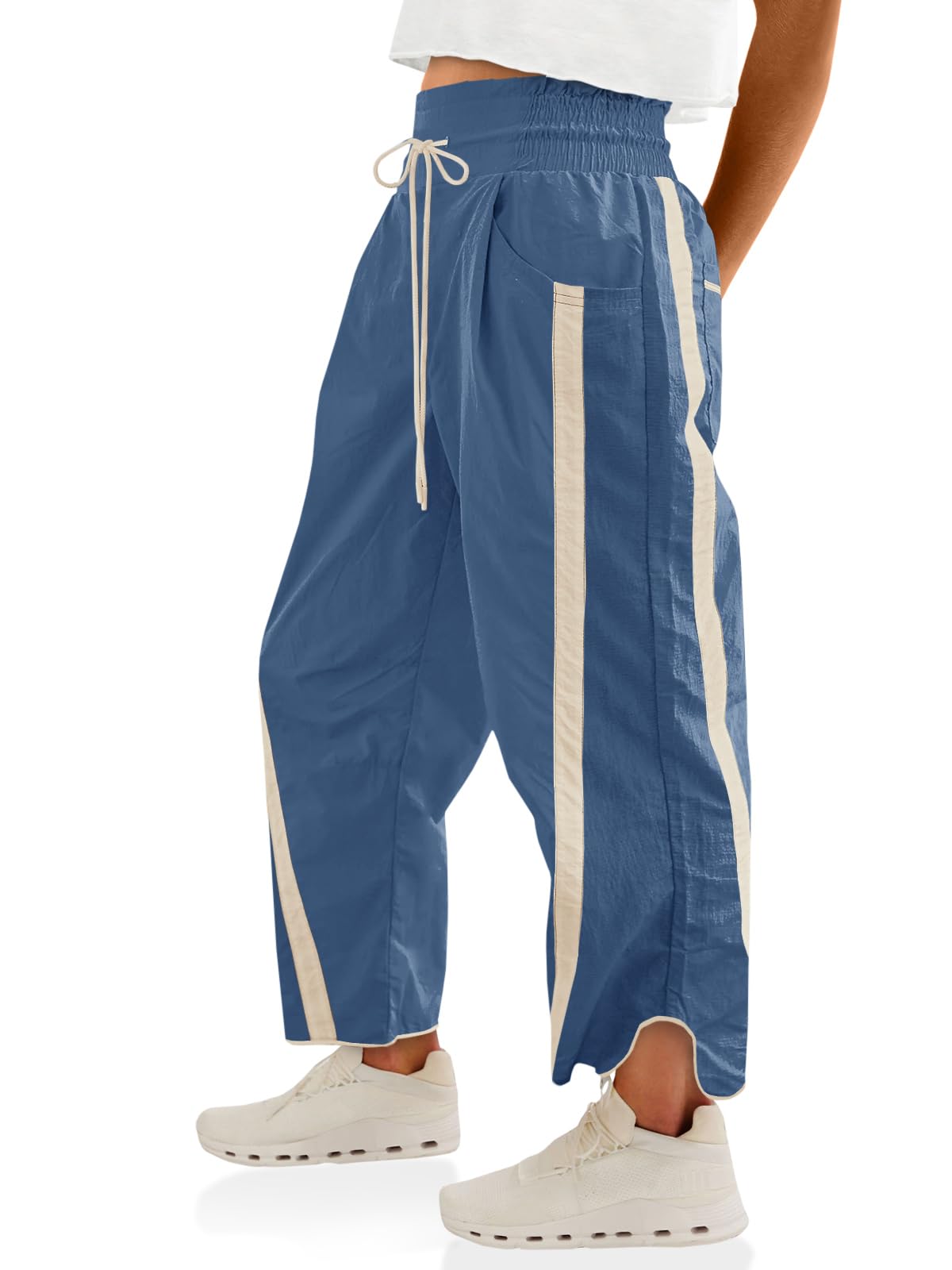 Fisoew Women's Baggy Wide Leg Pants Casual Drawstring Elastic Waisted Contrast Color Workout Y2K Track Pants