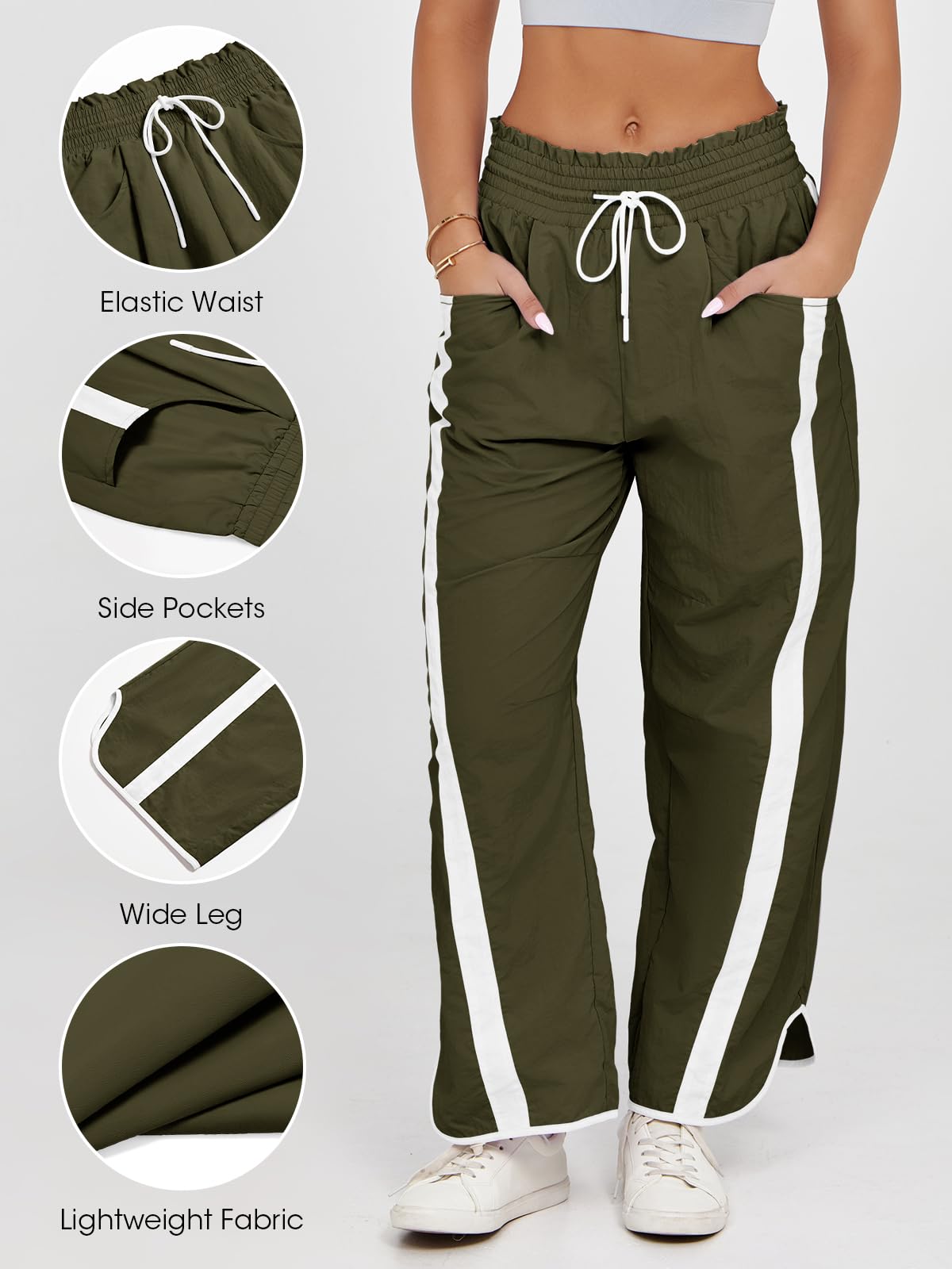 Fisoew Women's Baggy Wide Leg Pants Casual Drawstring Elastic Waisted Contrast Color Workout Y2K Track Pants