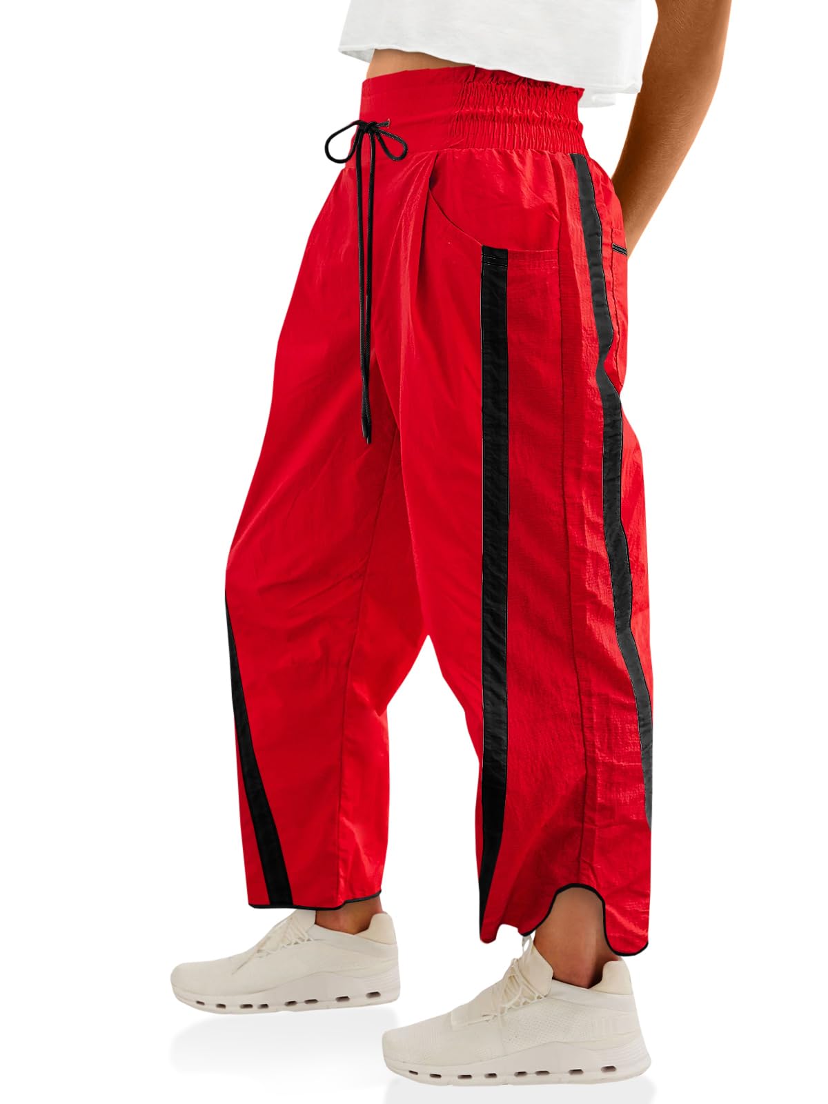 Fisoew Women's Baggy Wide Leg Pants Casual Drawstring Elastic Waisted Contrast Color Workout Y2K Track Pants
