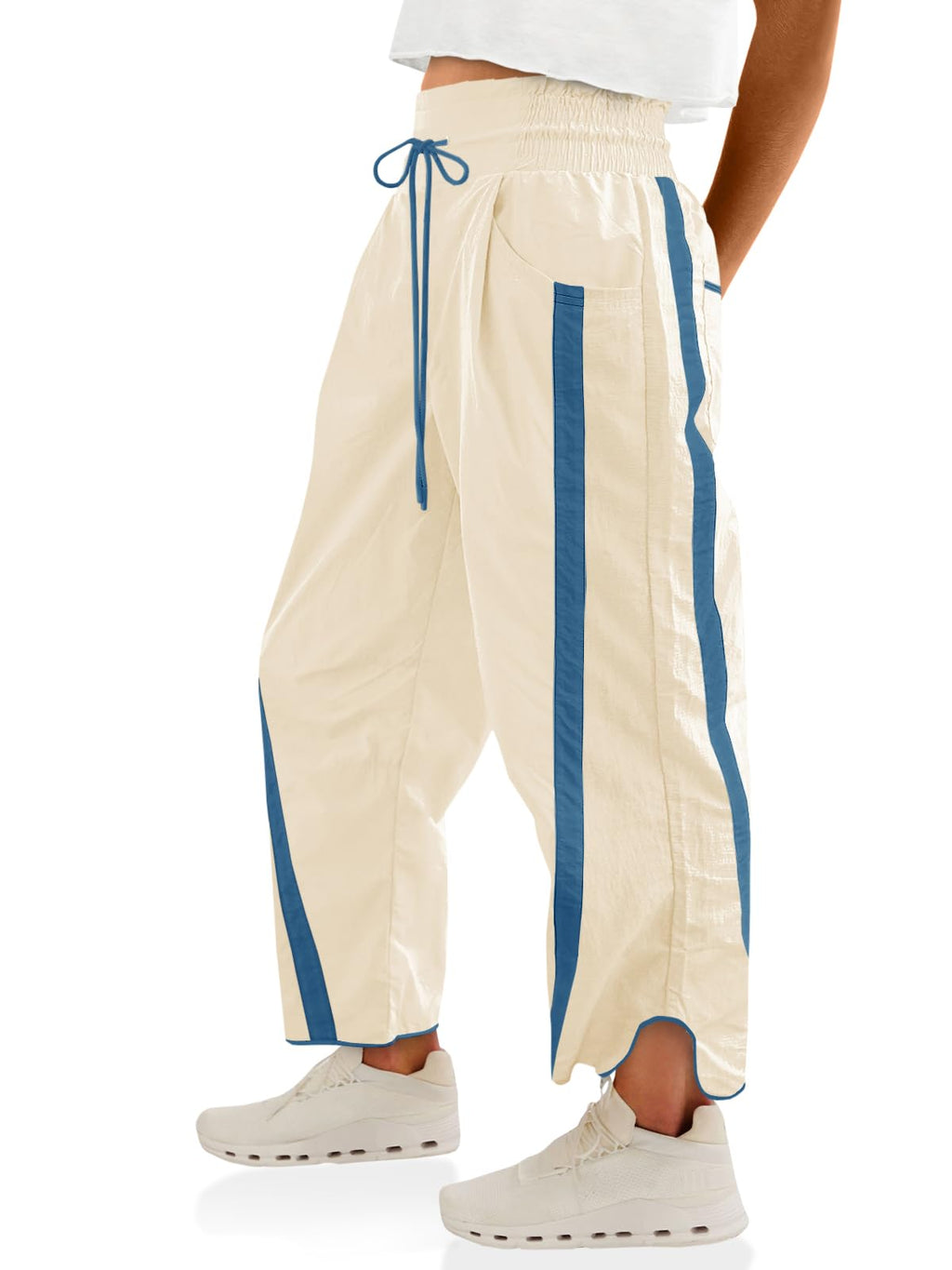 Fisoew Women's Baggy Wide Leg Pants Casual Drawstring Elastic Waisted Contrast Color Workout Y2K Track Pants