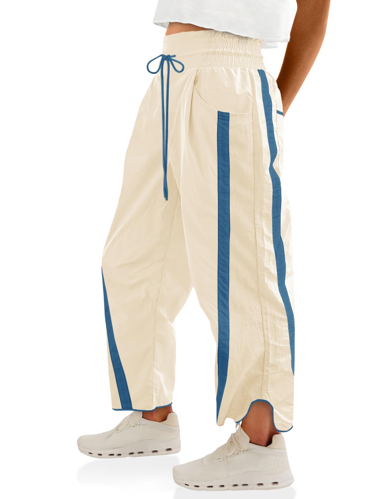 Fisoew Women's Baggy Wide Leg Pants Casual Drawstring Elastic Waisted Contrast Color Workout Y2K Track Pants