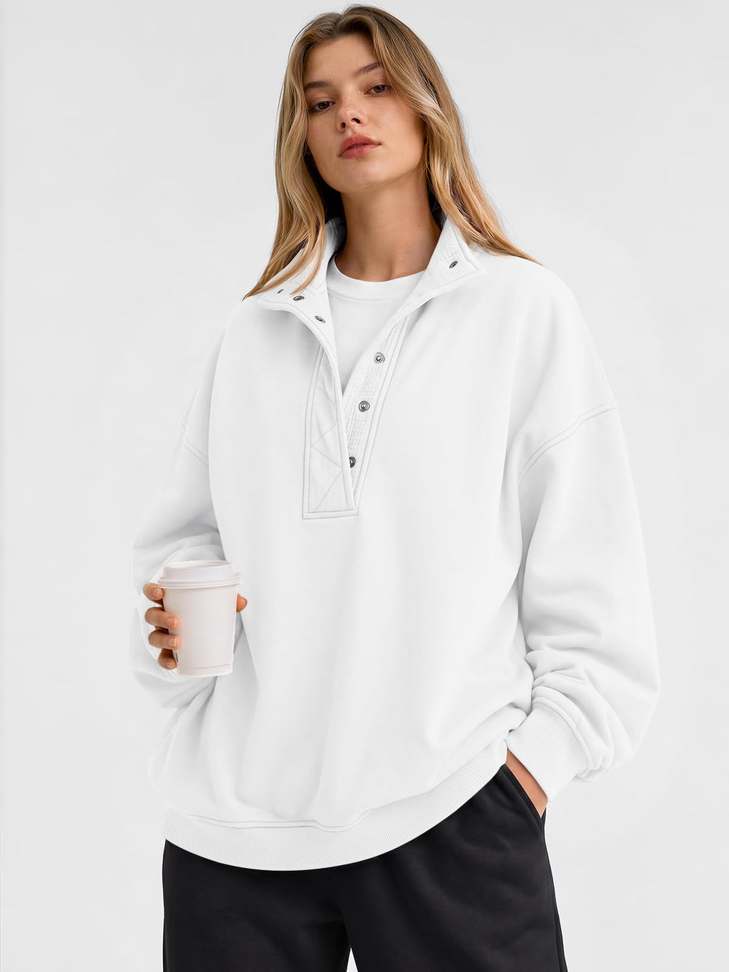 Trendy Queen Womens Oversized Sweatshirts with Snap Button Henley Collar