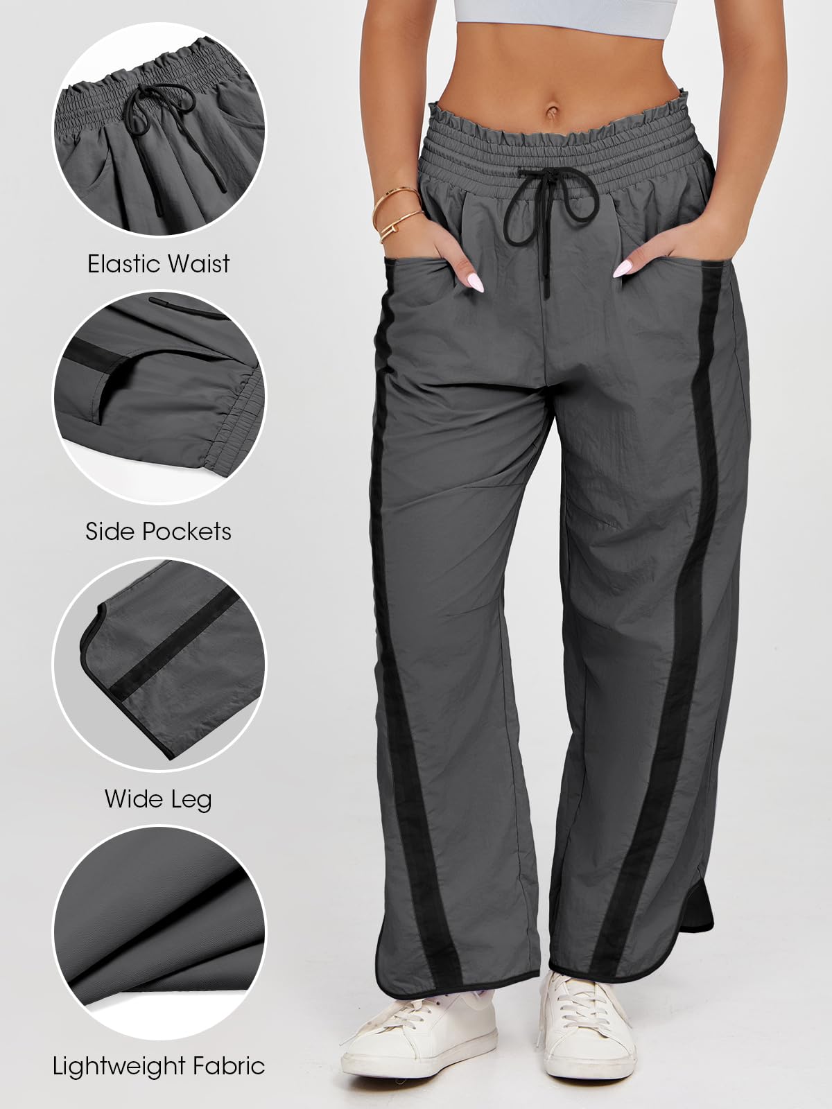 Fisoew Women's Baggy Wide Leg Pants Casual Drawstring Elastic Waisted Contrast Color Workout Y2K Track Pants