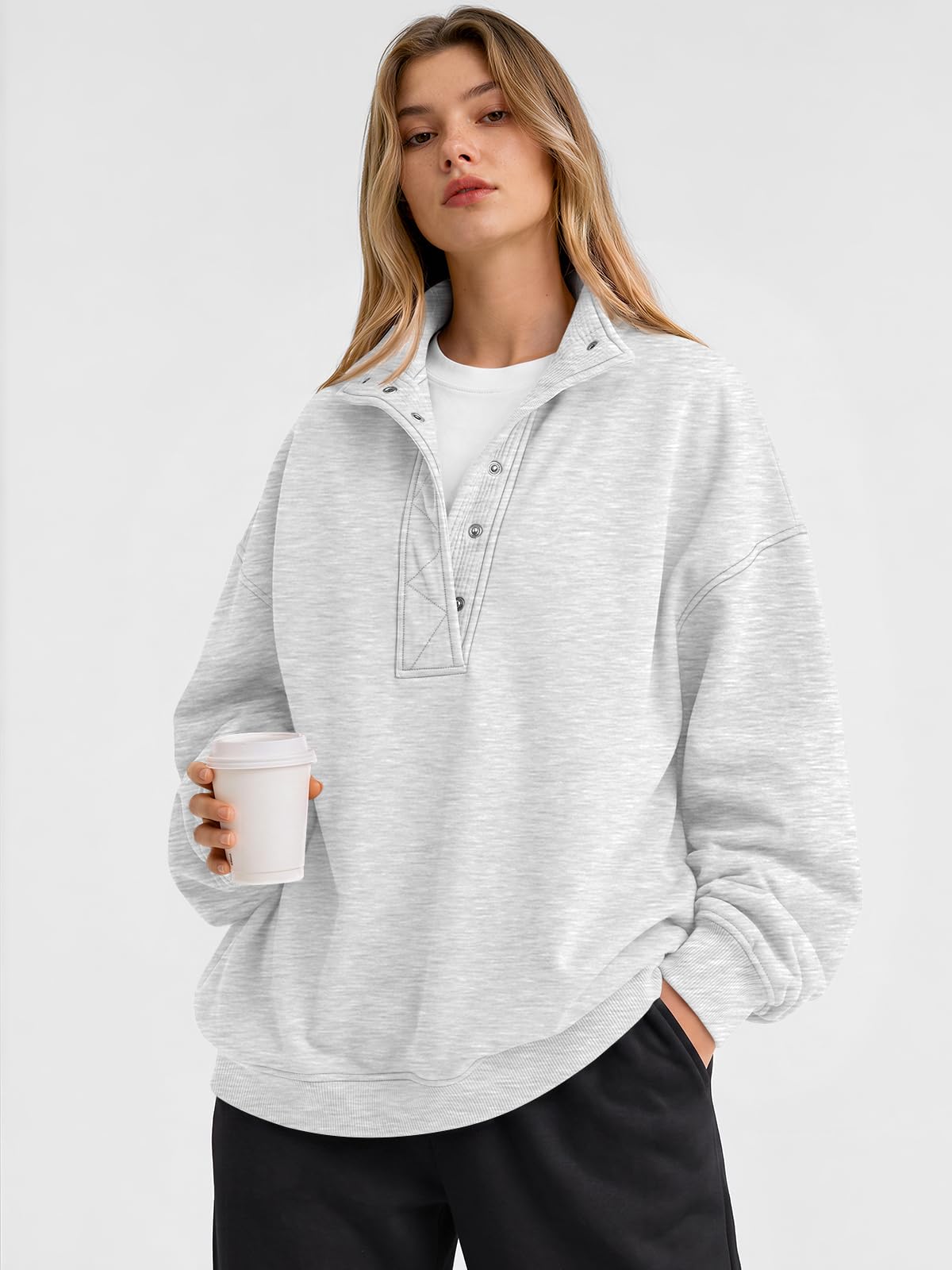 Trendy Queen Womens Oversized Sweatshirts with Snap Button Henley Collar