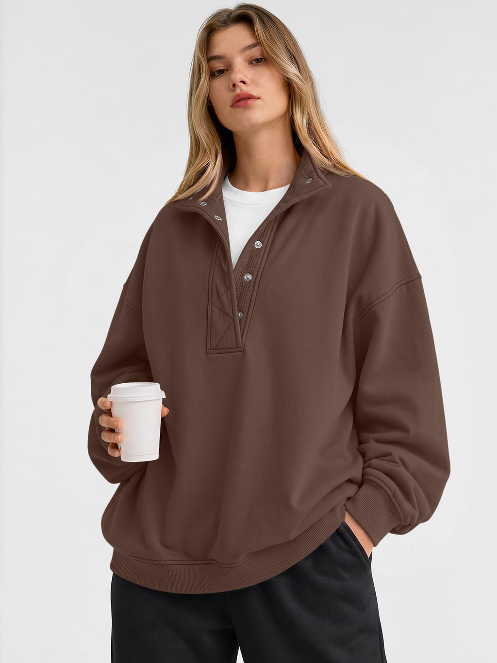 Trendy Queen Womens Oversized Sweatshirts with Snap Button Henley Collar
