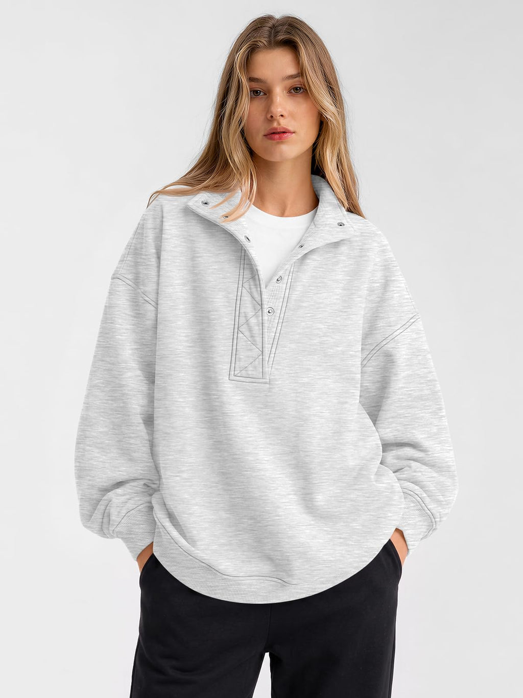 Trendy Queen Womens Oversized Sweatshirts with Snap Button Henley Collar