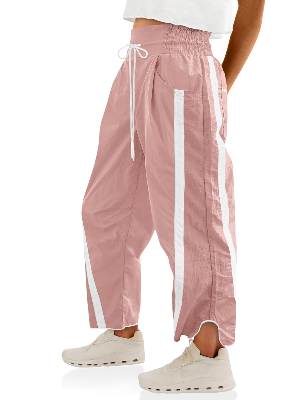 Fisoew Women's Baggy Wide Leg Pants Casual Drawstring Elastic Waisted Contrast Color Workout Y2K Track Pants
