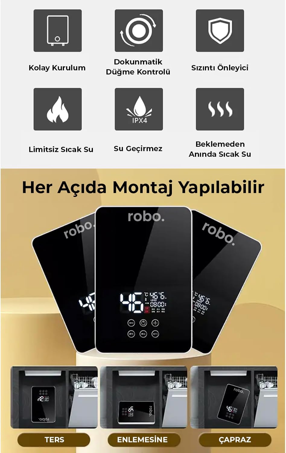 ROBO Dijital Akıllı Şofben - (DUŞ BAŞLIĞI HEDİYELİ)