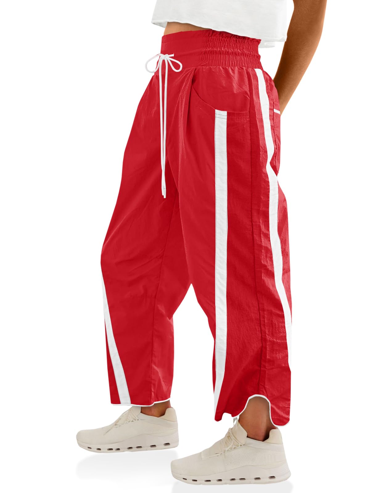 Fisoew Women's Baggy Wide Leg Pants Casual Drawstring Elastic Waisted Contrast Color Workout Y2K Track Pants