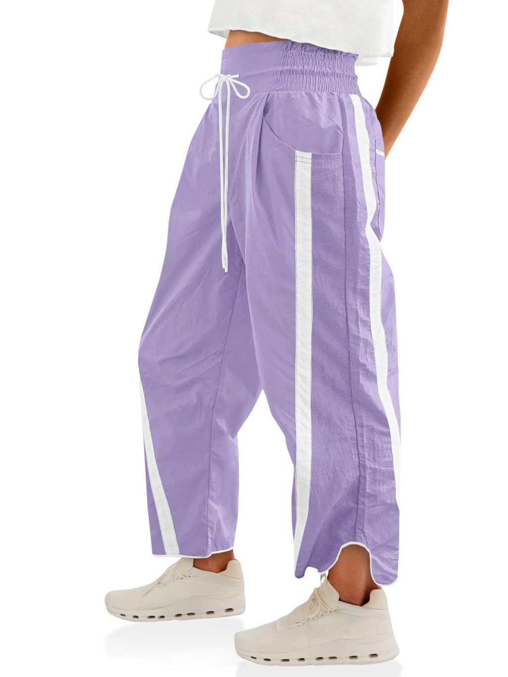Fisoew Women's Baggy Wide Leg Pants Casual Drawstring Elastic Waisted Contrast Color Workout Y2K Track Pants