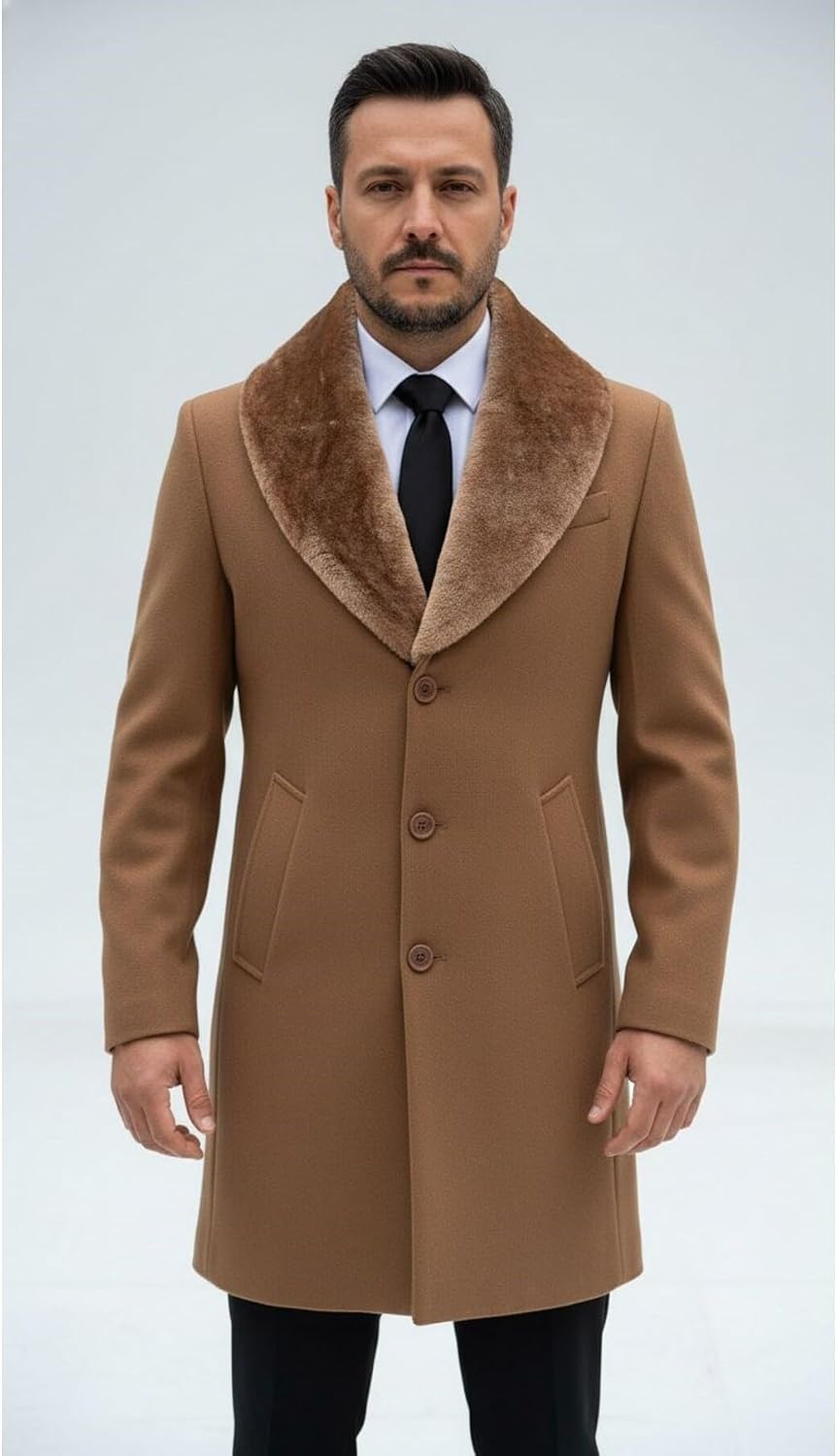 Plus Scorpion Erkek Uzun Kaşe Kaban Palto Mont Çıkartılabilir Kürk Yaka Astarlı Cepli Slim Fit, PRA-13283702-768191