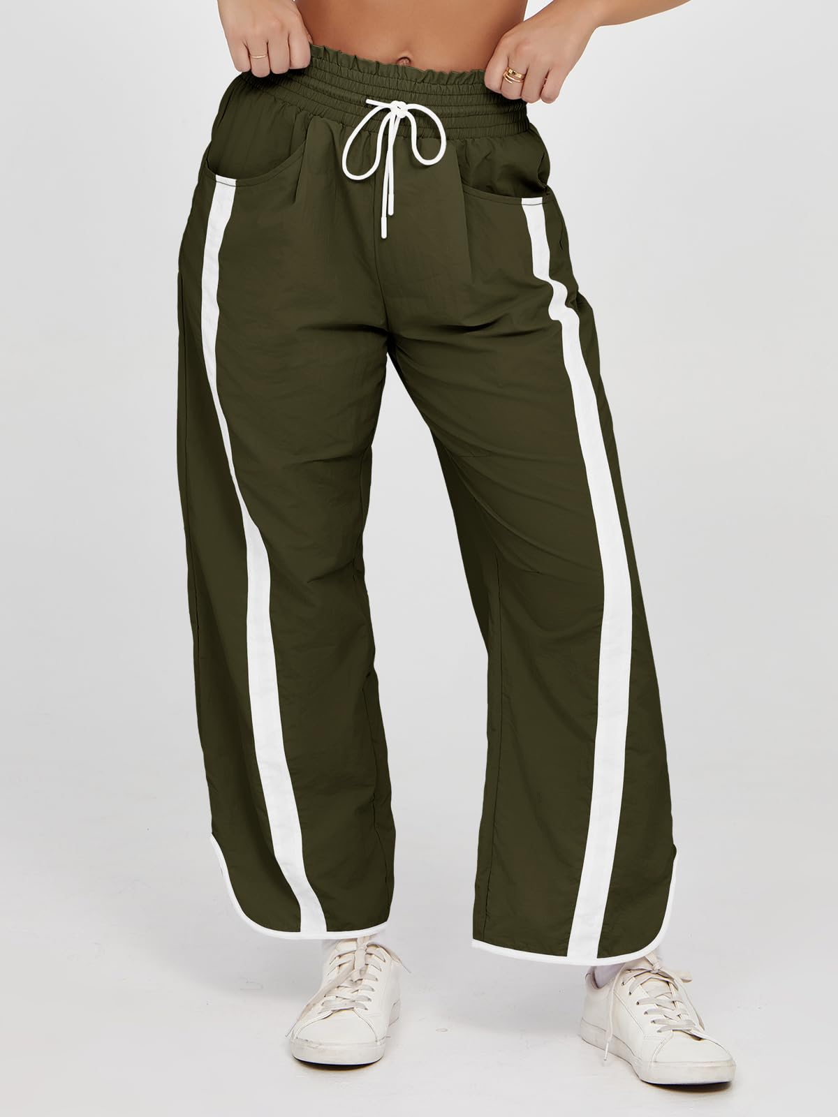 Fisoew Women's Baggy Wide Leg Pants Casual Drawstring Elastic Waisted Contrast Color Workout Y2K Track Pants