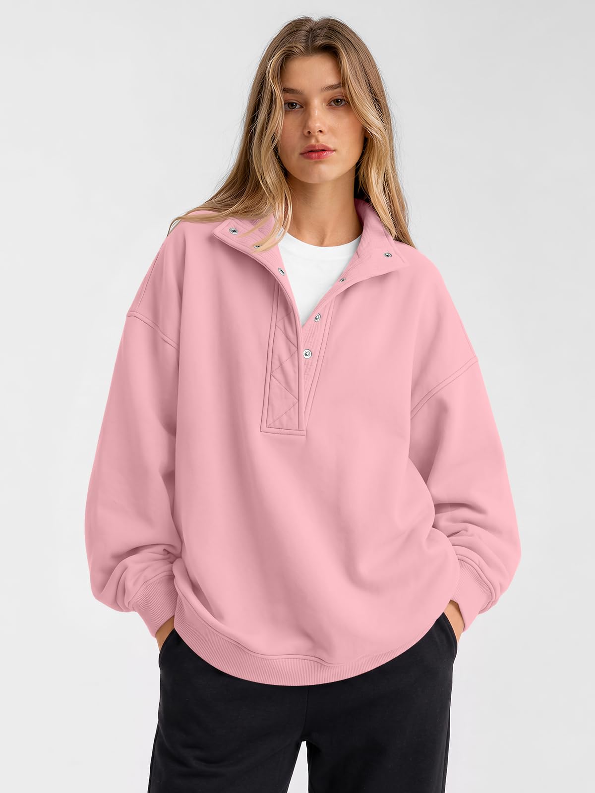 Trendy Queen Womens Oversized Sweatshirts with Snap Button Henley Collar