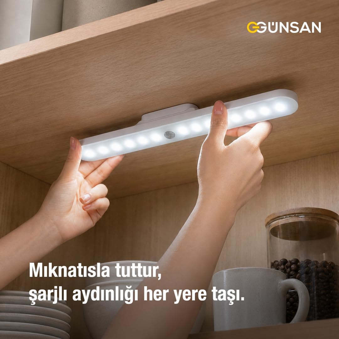 Günsan Şarjlı Mıknatıslı Hareket Sensörlü Led Lamba - Dolap İçi, Mutfak, Kitaplık, Tezgah Altı Aydınlatma - 3 Renk Modu - Dim Edilebilir - Işık Hafızalı