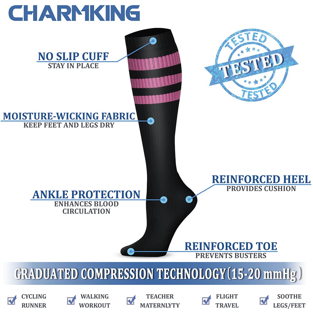 CHARMKING Compression Socks for Women & Men Circulation (3 Pairs) 15-20 mmHg is Best Support for Athletic Running Cycling