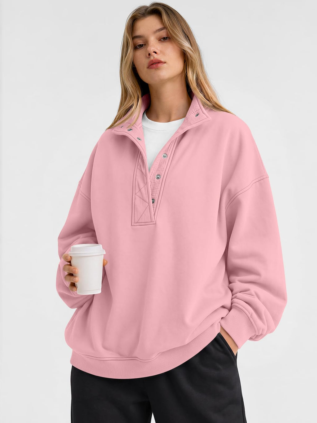 Trendy Queen Womens Oversized Sweatshirts with Snap Button Henley Collar