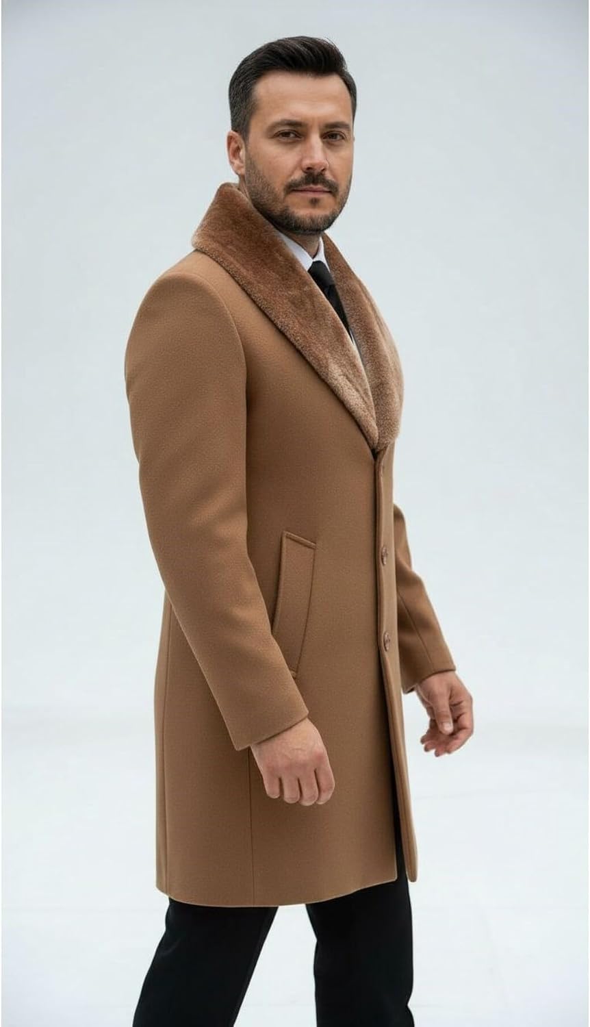 Plus Scorpion Erkek Uzun Kaşe Kaban Palto Mont Çıkartılabilir Kürk Yaka Astarlı Cepli Slim Fit, PRA-13283702-768191