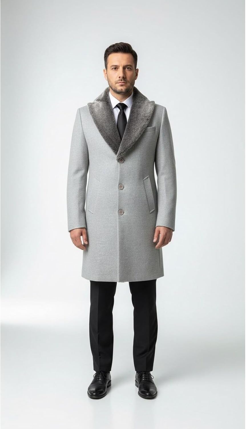 Plus Scorpion Erkek Uzun Kaşe Kaban Palto Mont Çıkartılabilir Kürk Yaka Astarlı Cepli Slim Fit, PRA-13283702-768191
