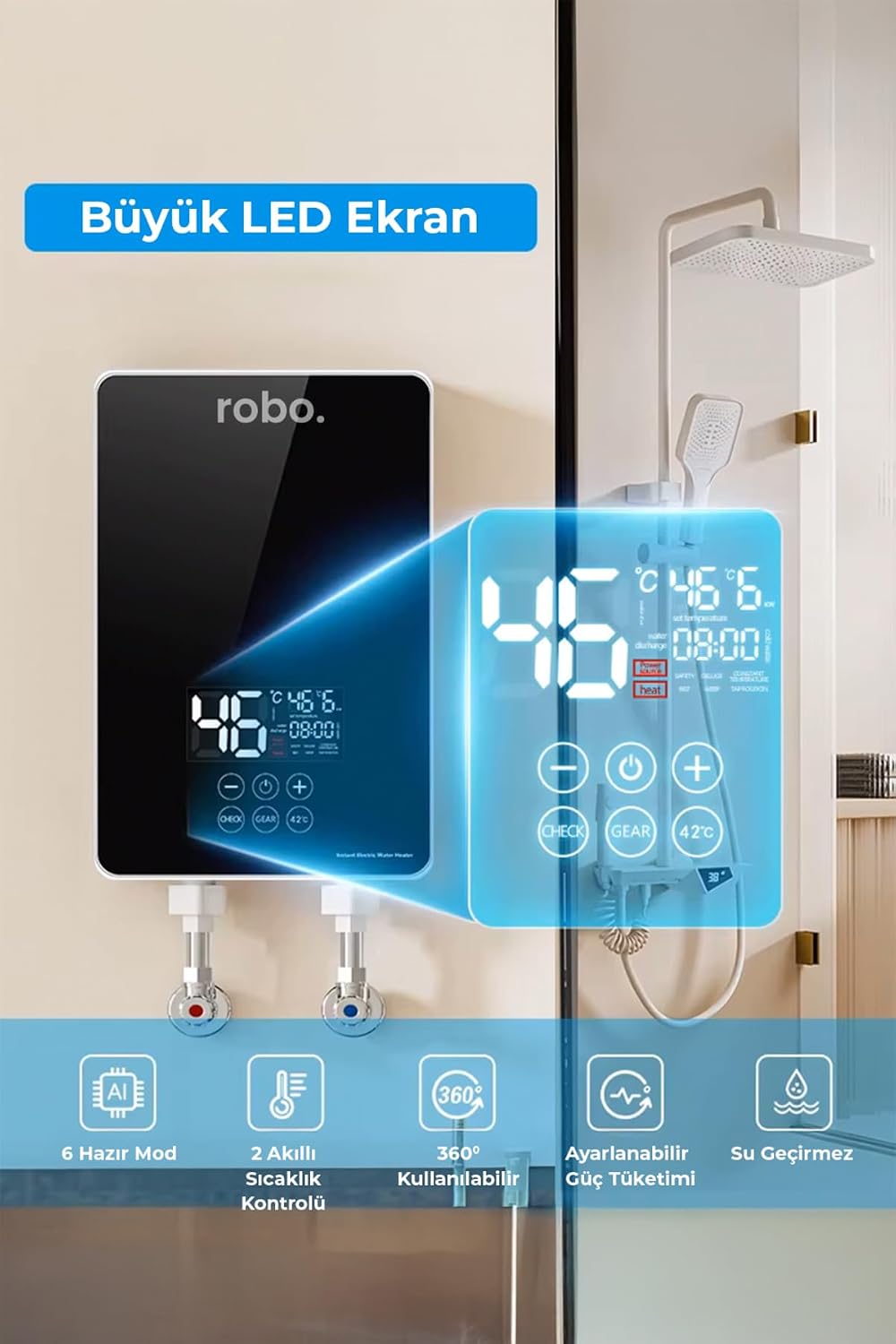 ROBO Dijital Akıllı Şofben - (DUŞ BAŞLIĞI HEDİYELİ)