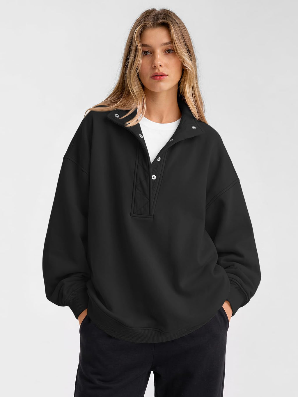 Trendy Queen Womens Oversized Sweatshirts with Snap Button Henley Collar