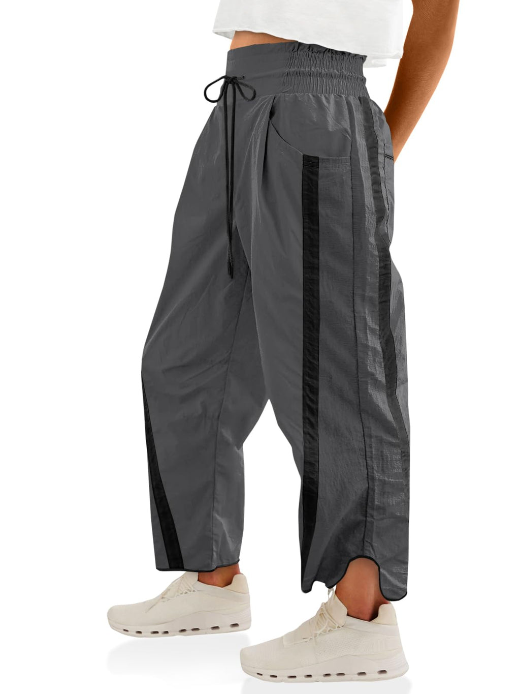Fisoew Women's Baggy Wide Leg Pants Casual Drawstring Elastic Waisted Contrast Color Workout Y2K Track Pants