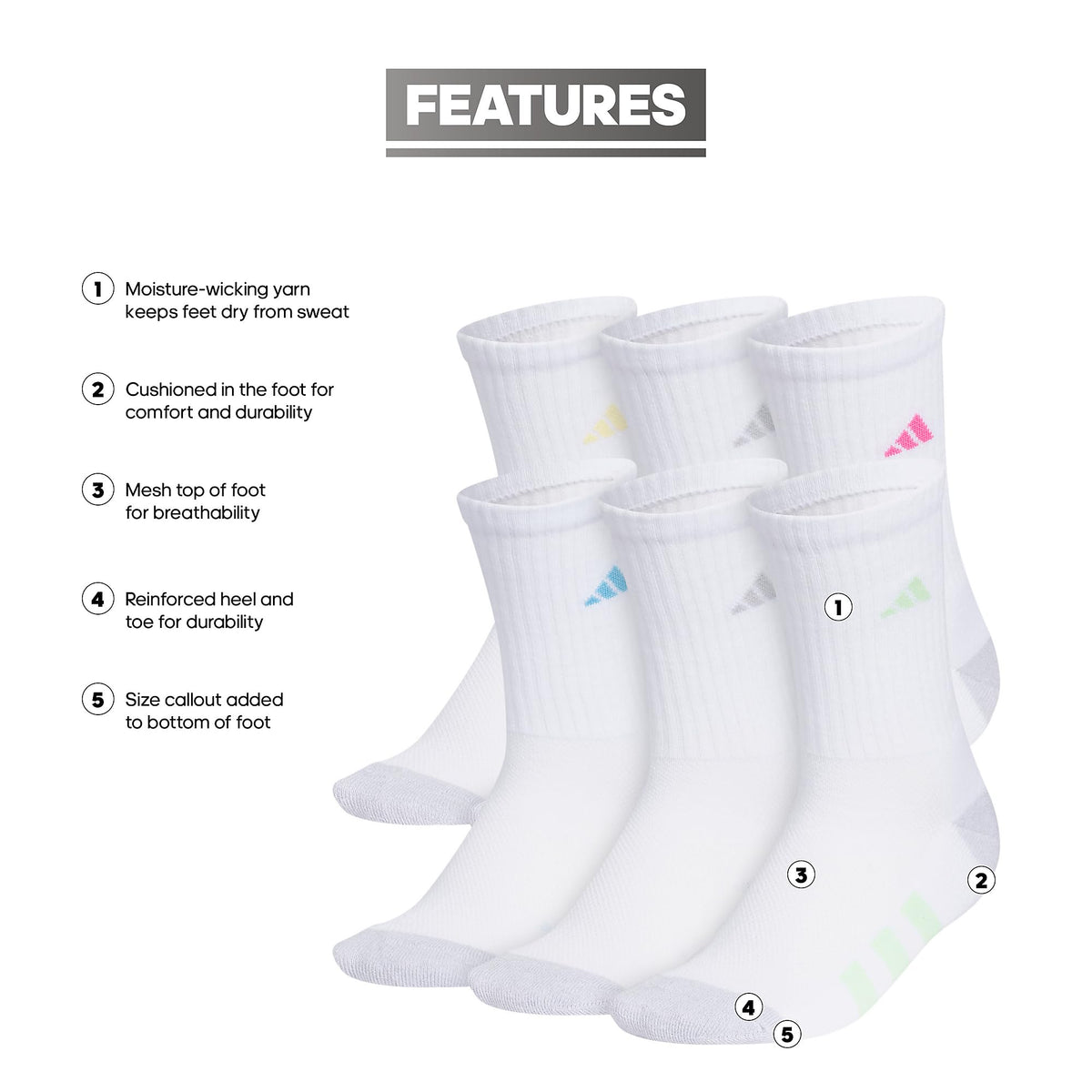 adidas Kids Athletic Cushioned Crew Socks 6 Pairs