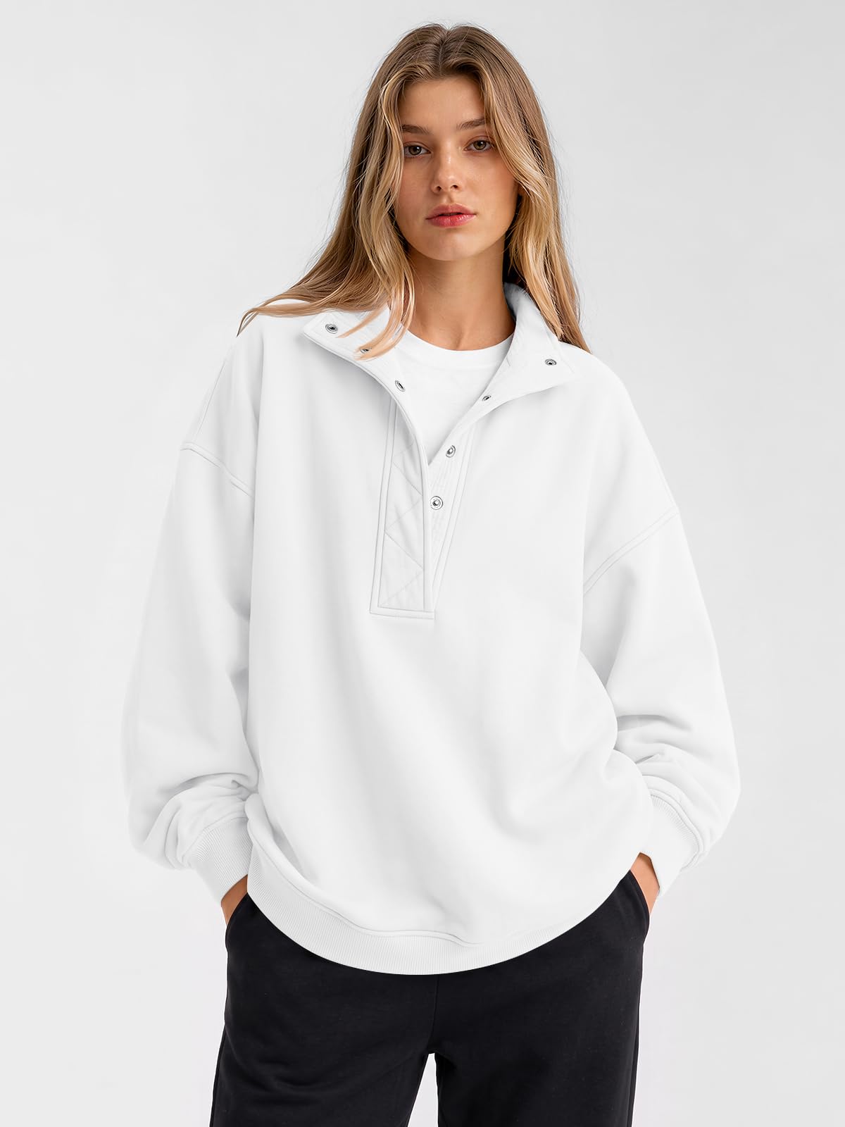 Trendy Queen Womens Oversized Sweatshirts with Snap Button Henley Collar