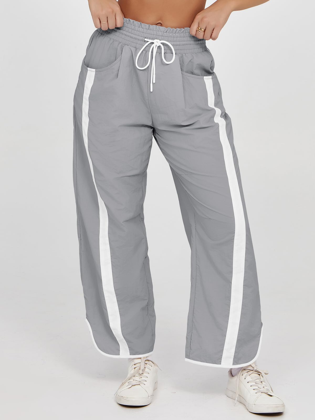 Fisoew Women's Baggy Wide Leg Pants Casual Drawstring Elastic Waisted Contrast Color Workout Y2K Track Pants